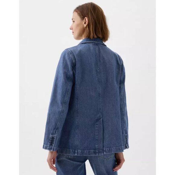 GAP Womens Long Sleeve Single Breasted Denim Blazer Jacket Blue Size L Petite - Picture 3 of 13